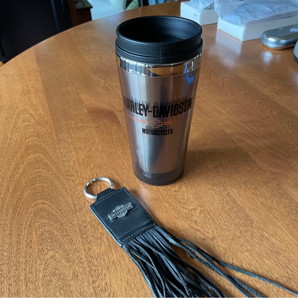 Harley-Davidson Leather Fringe Key Ring (Rare) and HD Travel Mug